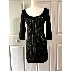 Olsenboye Sz M Black dress, stretchy, metallic design scoop neck, Stretchy comfy
